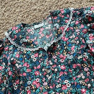 Vintage Jessica Scott Floral Lace Trim Puff Sleeve Blouse Cottagecore Top